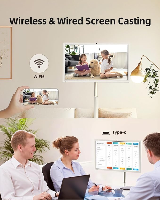 KTC MegPad 27 Inch Portable Screen TV - 1080P Touch Screen Monitor on Wheels with 8MP Camera, Compatible with Google TV, Android 14, QC 8G RAM+128G Storage, 9500mAh Battery, Remote Control