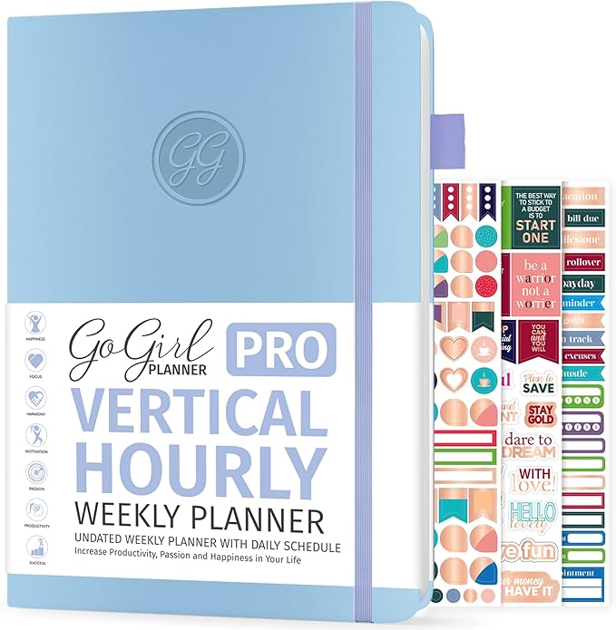 GoGirl Planner PRO Schedule - Undated Planner with Hourly Time Slots, Monthly, Weekly & Daily Organizer, Appointment Book for time Management, 7"x10" Hardcover, Lasts 1 Year - Periwinkle