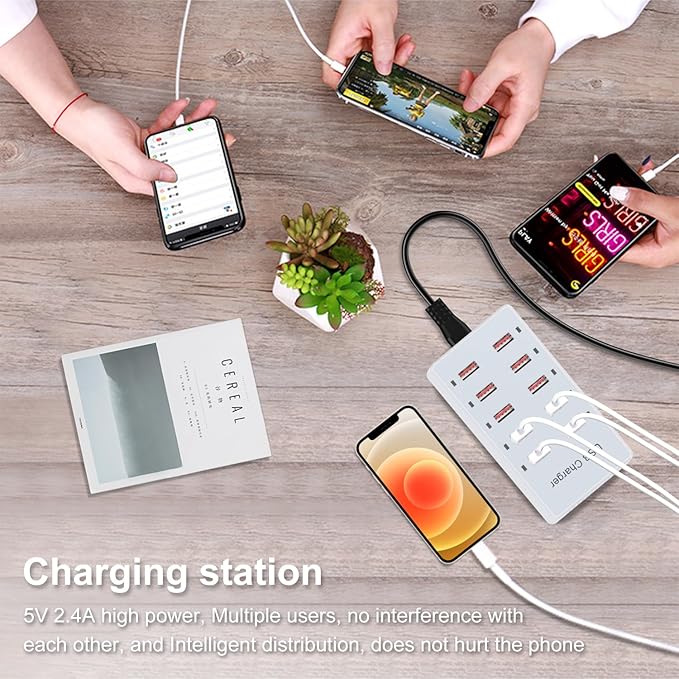 Cell Phone Wall Charger USB Charging Station for Multiple Devices 10 Ports Power Strip Charging Hub Smart Plug Charge Block Dock for iPhone 15/14/13/iPad iPod Galaxy Watches Android Phones