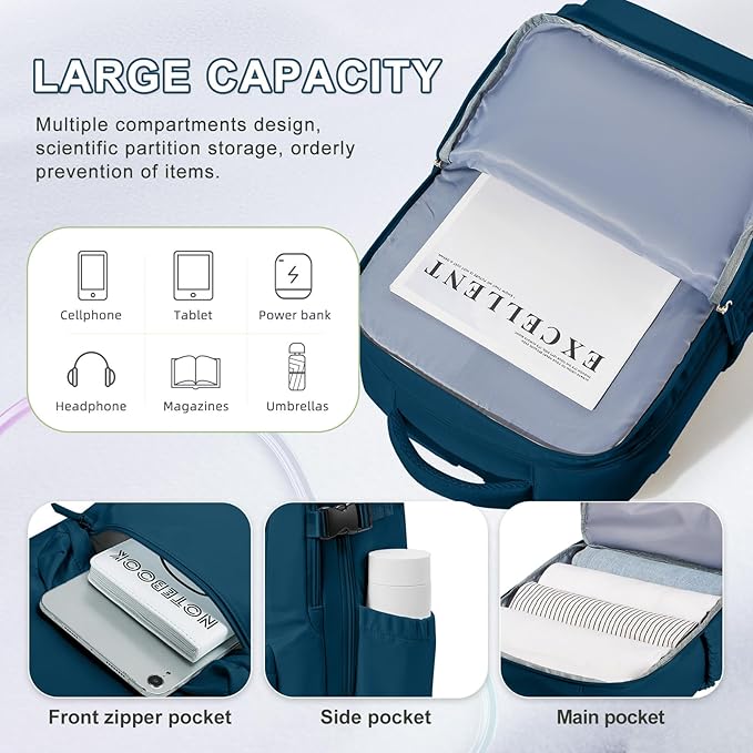 VECAVE Carry On Backpack for Women, Airline Approved Large Travel Backpack Flight Approved, Waterproof 14 Inch Laptop Backpack Business Work Backpacks Bag Men Mochila De Viaje JewelBlue.