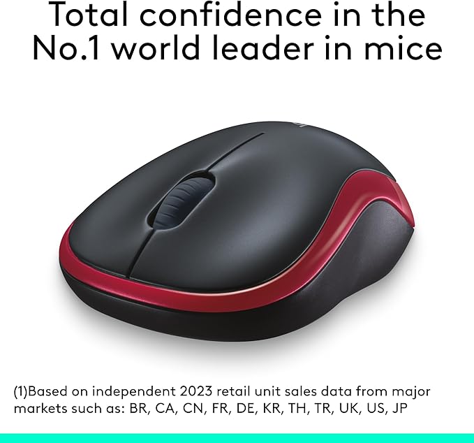 Logitech M185 Wireless Mouse, 2.4GHz with USB Mini Receiver, 12-Month Battery Life, 1000 DPI Optical Tracking, Ambidextrous, Compatible with PC, Mac, Laptop - Red