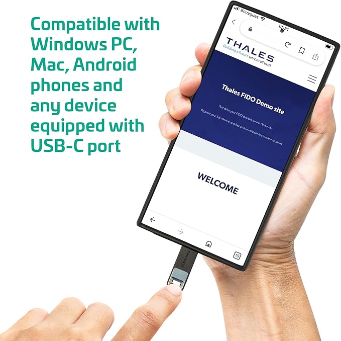 Thales - SafeNet eToken Fusion - Phishing-Resistant FIDO2 Certified Security Key for Digital certificates or FIDO2 authentication to Web apps and desktops - USB-C
