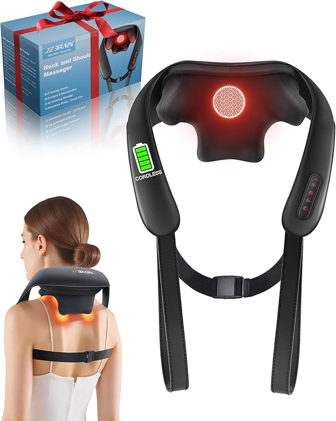 Neck and Shoulder Massager with Heat – Cordless Shiatsu Neck Massager for Pain Relief Deep Tissue - Adjustable Speed & Modes Kneading Massage for Back - Gift for Men Women