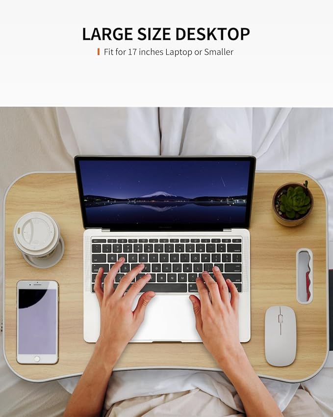 Foldable Laptop Table, Portable Lap Desk Bed Table Tray, Laptop Stand with Cup Holder & Tablet Slot & Lifting Handle for Working Writing Drawing & Eating (Wood)