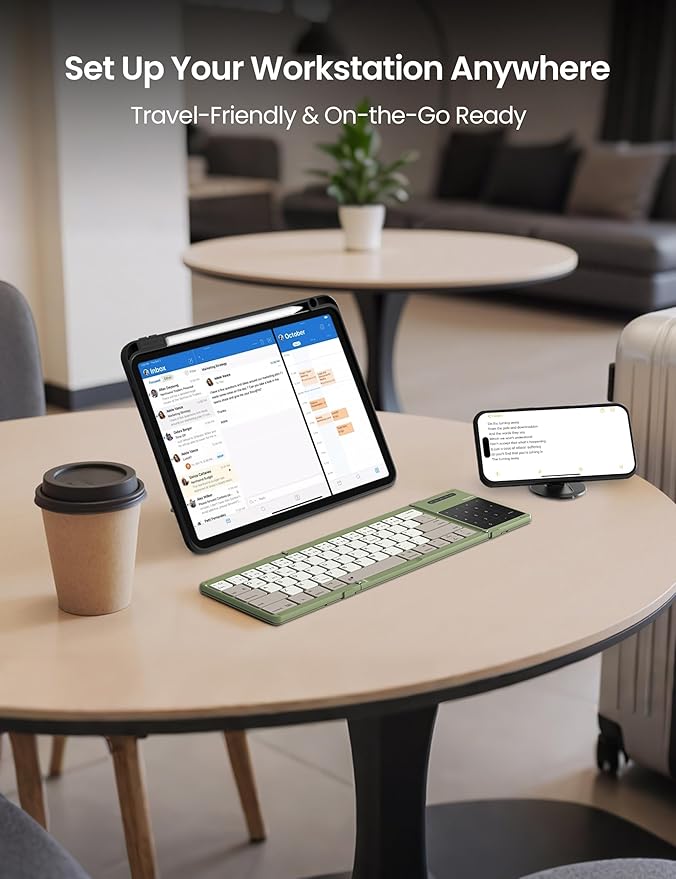 Nillkin Foldable Travel Keyboard with Touchpad & Number Pad, Bluetooth Wireless Portable Folding Full Size Keyboard with Trackpad for PC Laptop iPad Tablets Smartphone, Silicone Leather Cover, Green