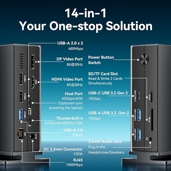 VENTION 8K 14-in-1 Thunderbolt 4 Docking Station Triple Monitors with 135W Power Adapter 40Gbps USB-C Docking Station for MacBook Pro/Air, Thunderbolt 4/3 Windows PC (8K HDMI DP, 3xUSB 3.2, Ethernet)