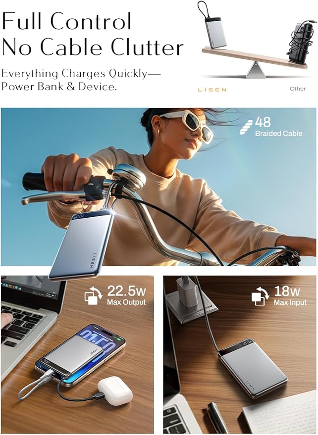 LISEN 0.5" Ultra Slim Portable Charger Power Bank [10000mAh 22.5W] CCC Certified Power Bank TSA Approved, Airplane Gadgets for Global Travel Essentials Portable Battery Pack with Built-in USB C Cable