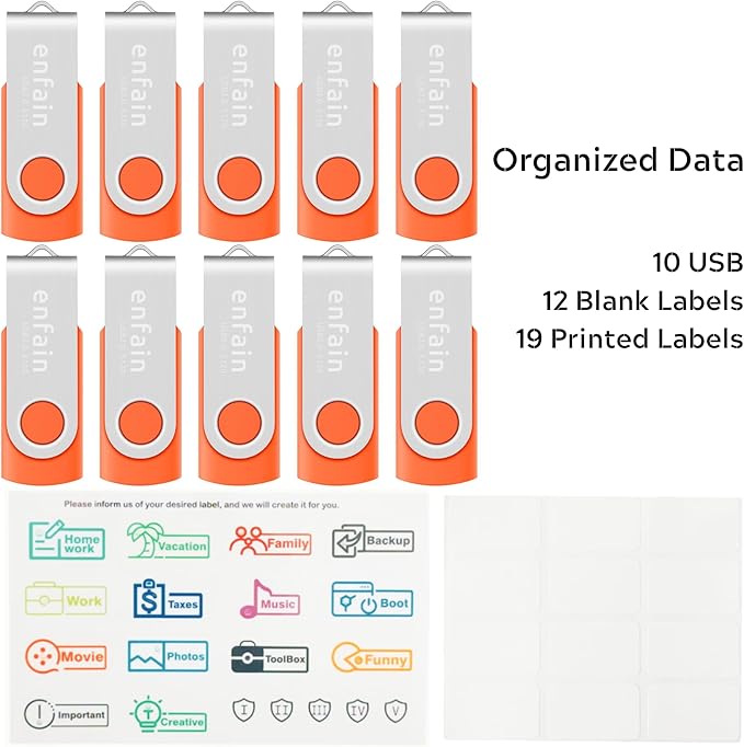 10 X Enfain 16GB Bulk USB Flash Drive Jump Zip Memory Stick 2.0 Orange, Affordable Solutions for Promotional Giveaways, Corporate Gifts, Catalogs, Software Distribution, Direct Mail Campaigns, Music