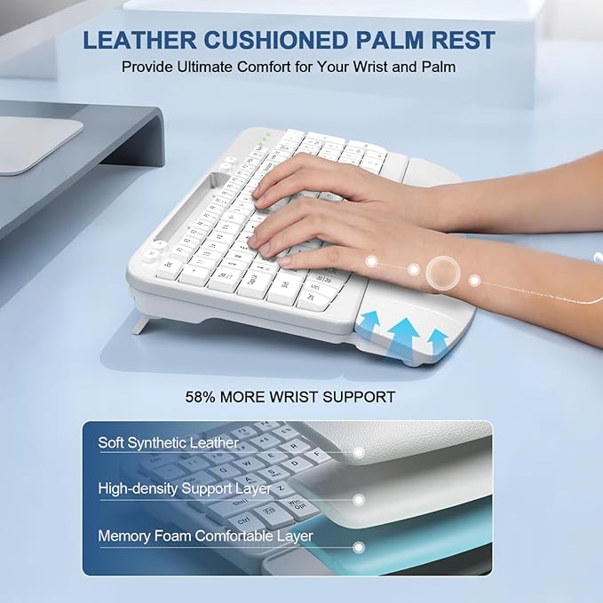 Ergonomic Wireless Keyboard with Cushioned Wrist Rest, Wave Keys, Phone Holder, Comfortable Natural Typing, 2.4GHz Full Size Cordless USB Computer Keyboard for Laptop, Mac, Windows (White)