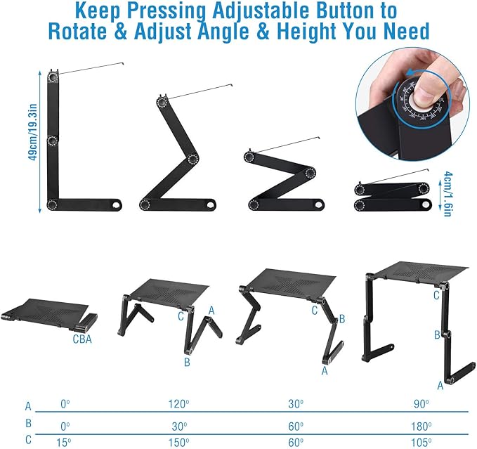 Adjustable Laptop Table Foldable Notebook Desk Laptop Riser Stand Aluminum Alloy Holder with Mouse Board Breakfast Snacking Tray for Home Office Travel