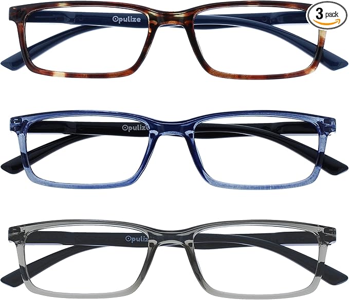 OPULIZE SEE Reading Glasses with Blue Light Blocking for Women and Men, Narrow Frame, Spring Hinges, Computer Gaming Glasses, Brown,Blue,Grey +3.5 (Pack of 3)