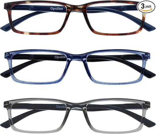 OPULIZE SEE Reading Glasses with Blue Light Blocking for Women and Men, Narrow Frame, Spring Hinges, Computer Gaming Glasses, Brown,Blue,Grey +0 (Pack of 3)