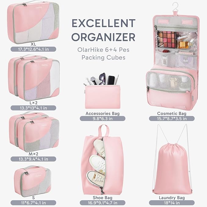 ALL INCLUDED 10 Set Durable Packing Cubes for Suitcases,OlarHike Essentials for Travel, UPGRADED Anti-Tear Stitching, NEW Improved Luggage Packing Organizers for Travel Accessories (Pink)