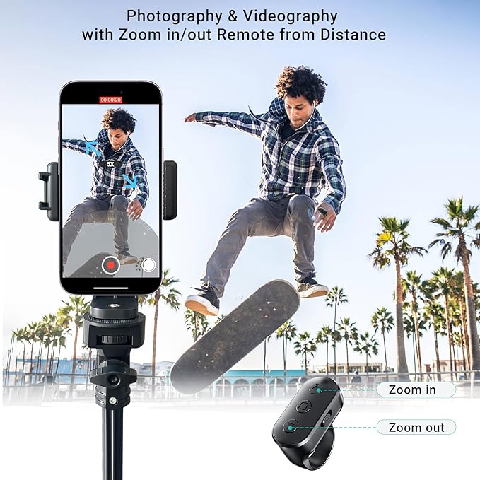 Phone Tripod Stand with Remote Zoom for Video Recording, Vlog Selfie Stick Tripod with Wireless Camera Shutter, Travel Extendable Phone Holder Compatible with iPhone Android Smartphones