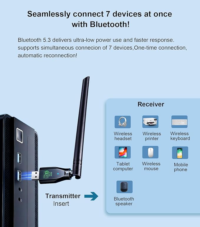 AX900Mbps USB WiFi 6 & Bluetooth Adapter for Desktop PC,5dBi Gain Antenna Wireless Transceiver,BT5.3(EDR+BLE),Dual Band (2.4GHz+5GHz),Plug-and-Play for Desktop/Laptop/Printers (Win 7/10/11)