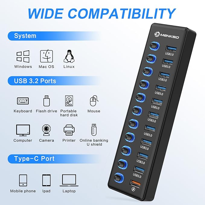 Powered USB Hub, MENKSID 11-Port USB Hub, 10 USB 3.0 Data Transfer Ports + 1 Smart Charging Port, Independent Switch (with LED Power Indicator), USB 3.0 Hub Powered with Power Adapter for Mac, PC
