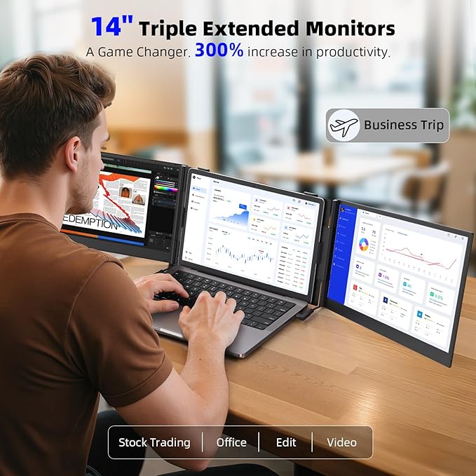 14" Triple Laptop Screen Extender - Ultra Thin & Lightweight (2.2lb) Portable Monitor For Laptop, FHD 1080P Travel Display 13-17" Laptops, Plug & Play USB-C/HDMI, Aluminum Extended Screen for Mac/Win
