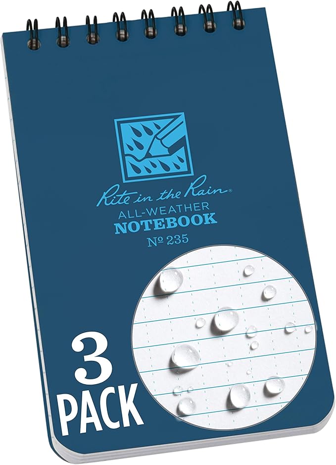 Rite in the Rain Weatherproof Top Spiral Notebook, 3" x 5", Blue Cover, Universal Pattern, 3 Pack (No. 235-3)