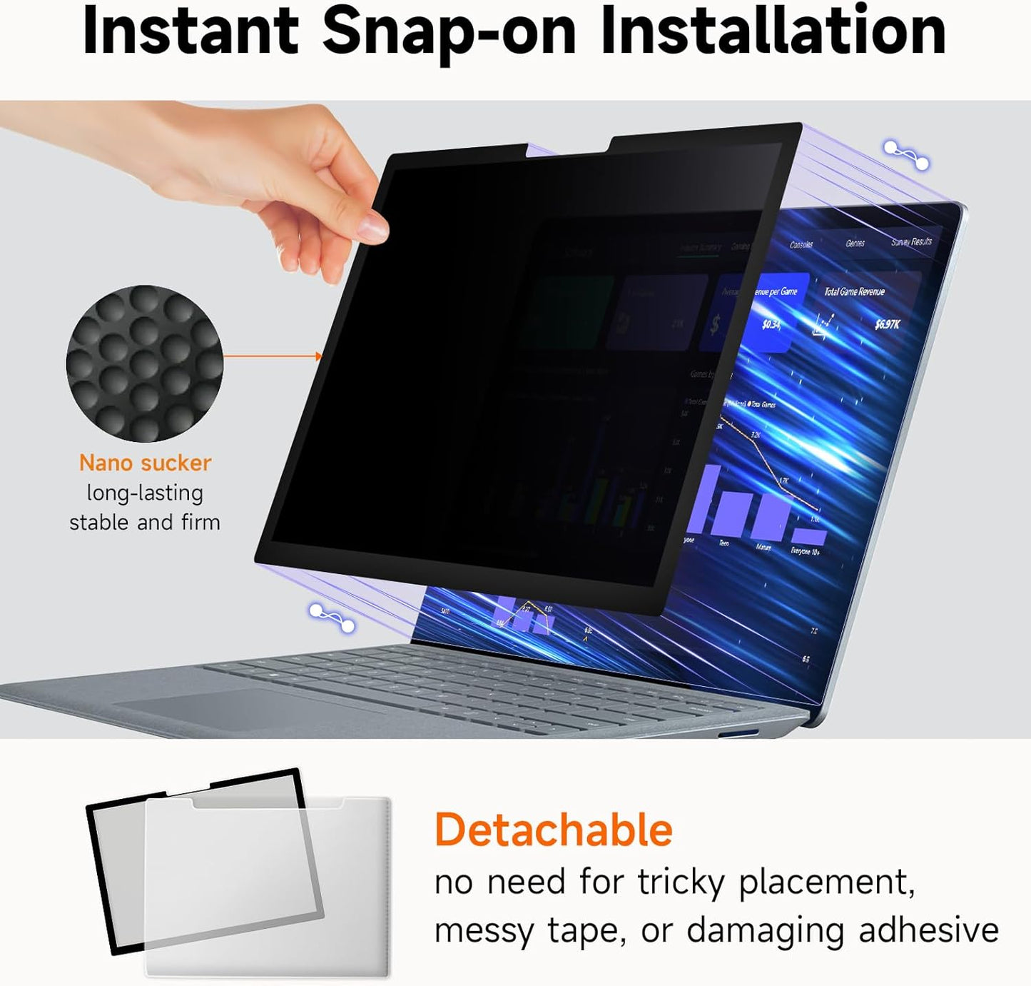 Upgrade Privacy Screen for Surface Pro 7 Plus/7/6/5/4/3 12.3 inch, Fully Removable Anti Glare Blue Light Filter, Anti-Spy Screen Protector for Microsoft Surface Pro 7+, Pro 7, Pro 6, Pro 5, Pro 4/3