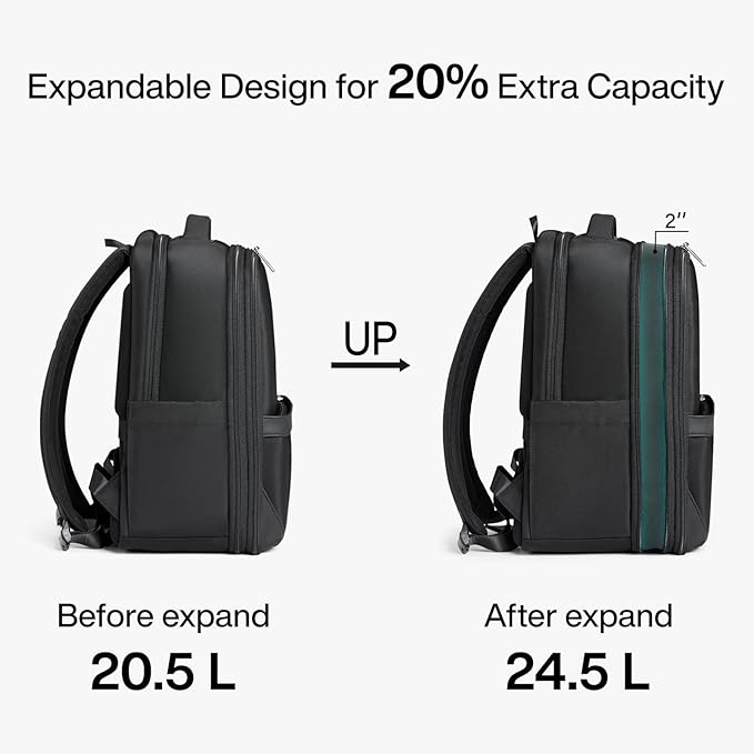 Hanke Expandable Travel Backpack 16 Inch, Full-Open Laptop Backpack Fits 15.6 Inch, Carry On Personal Item Bag with Luggage Strap, Business Work Backpack for Women Men, Black