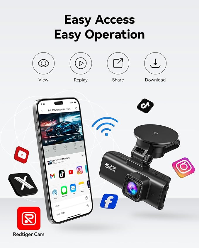 REDTIGER Dash Cam Front Rear, 4K/2.5K Full HD Dash Camera for Cars, Included 32GB Card, Built-in Wi-Fi GPS, 3.16” IPS Screen, Night Vision, 170°Wide Angle, WDR, 24H Parking Mode(F7NP)