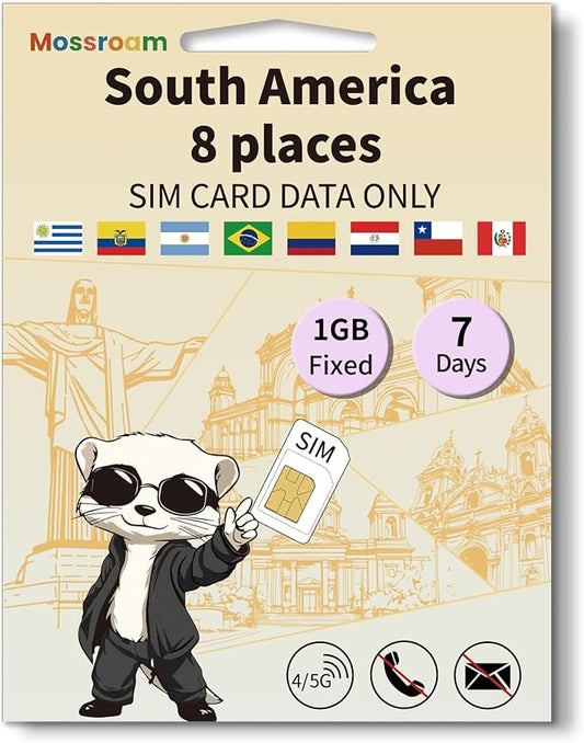 SIM Card for 8 Countries in South America– Prepaid Data Plans | 1GB Daily Data,7 Days | High-Speed Internet | Ideal for Travelers