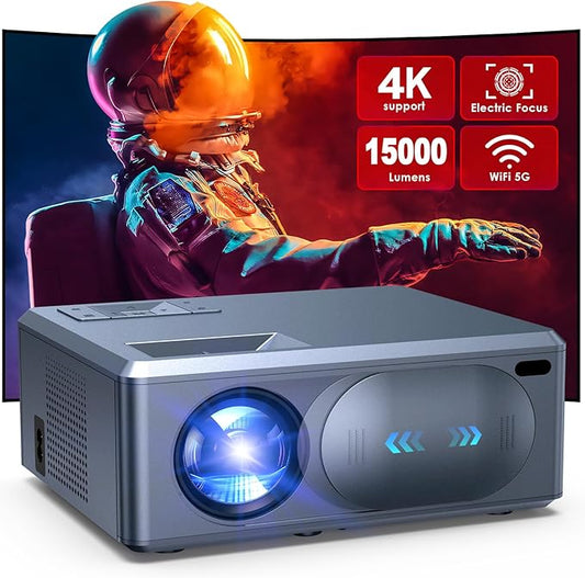 [Electric Focus] 4K Projector with 5G WiFi Bluetooth, 15000L JOWLURK Projector, Outdoor Movie Projector, Home Mini Theater Portable Projector for iPhone/TV/Android Stick/HDMI/USB/Laptop/PS5/DVD (Grey)
