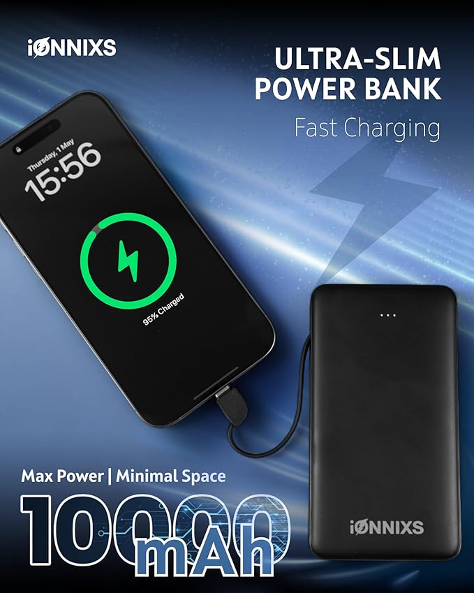 C-1019 Portable Charger with Built in Cable - 10000mAh Ultra-Slim Portable Charger Power Bank with USB-C Cable, Lightning Cable - Fast Charge 20W - LED Battery Indicator (Black, 10.000mAh)