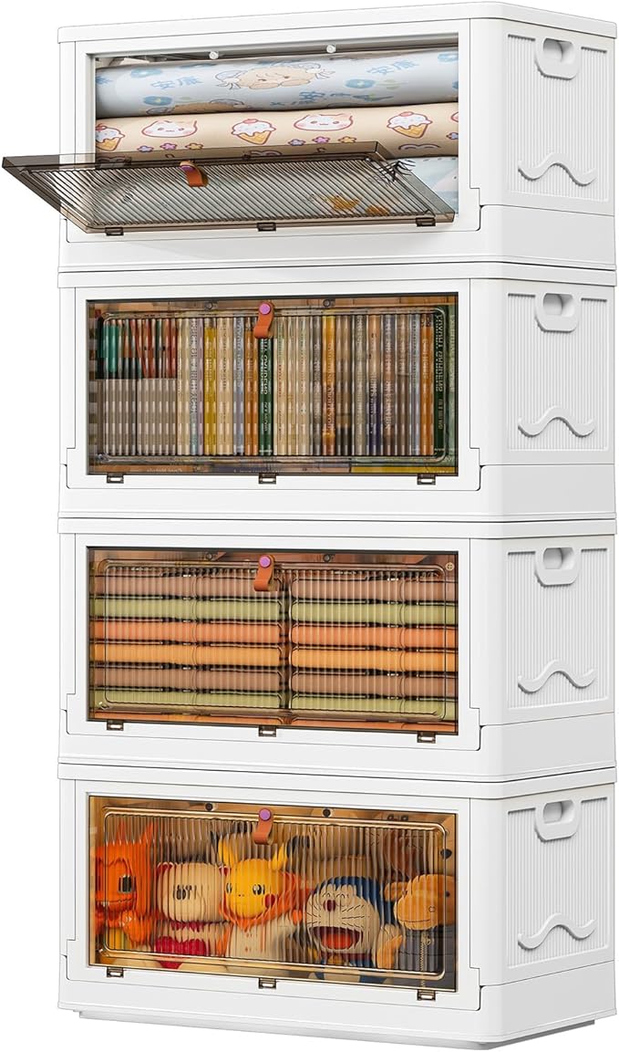 4 Tier Storage Bins with Lids 102QT - Stackable Containers with Wheels, Folding Boxes, Stackable Storage Bins, Closet Organizers