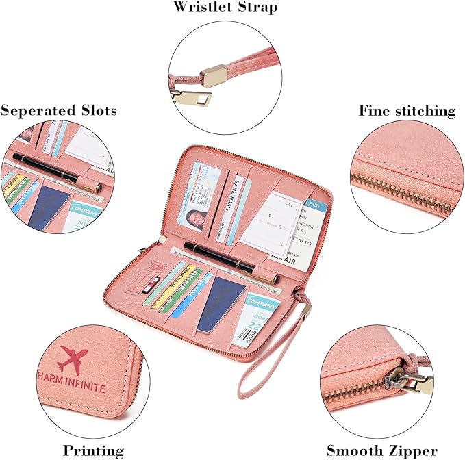 Family Passport Holder Wallet RFID Blocking Zippered Passport Wallet,Women and Men Travel Wallet Ladies Passport Cover