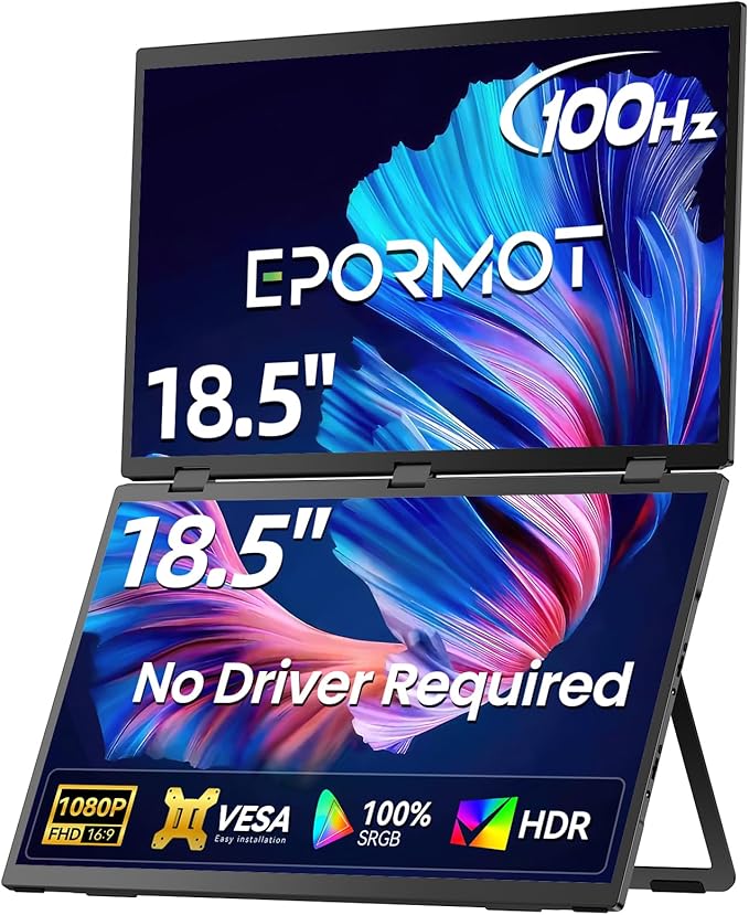 Portable Dual Monitor 18.5" 100Hz FHD 1080P Stacked Monitor, Dual Vertical Displays for Coding/Gaming/Trading, USB-C Mini HDMI Laptop Screen Extender(No Driver Needed)