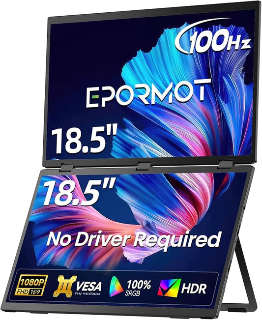 Portable Dual Monitor 18.5" 100Hz FHD 1080P Stacked Monitor, Dual Vertical Displays for Coding/Gaming/Trading, USB-C Mini HDMI Laptop Screen Extender(No Driver Needed)