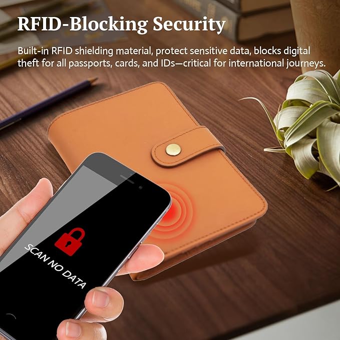 Full Grain Leather Passport Wallet, RFID Blocking Passport Holder with Tracker Slot, Multi Compartment Travel Wallet for Women & Men, Secure Passport Cover Case for Airport Essentials (Brown)