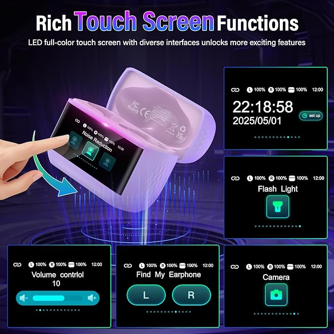 Wireless Earbuds, Bluetooth 5.4 Headphones with Multifunction Touch Screen, 48H Deep Bass Stereo Ear Buds, 5 EQ Modes, ANC/ENC Noise Cancelling, Transparency Mode, IPX7 Earbuds, Purple