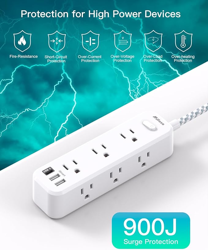 Extension Cord 10 ft, Long Extension Cord with 9 Outlets 3 USB Ports, Surge Protector Power Strip, USB Power Strip for Home, Office, Dorm Room Essentials, College