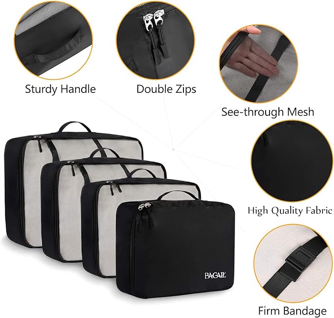 BAGAIL 8 Set Packing Cubes Luggage Packing Organizers for Travel Accessories (Jet Black)