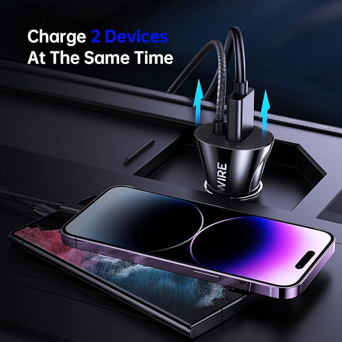 [Apple MFi Certified] Syncwire Car Charger iPhone 4.8A/24W Fast Car Phone Charger Cigarette Lighter USB Car Adapter with Build-in 8FT Lightning Cable Coiled for Apple iPhone 14/13/12/11/XR/Max, iPad