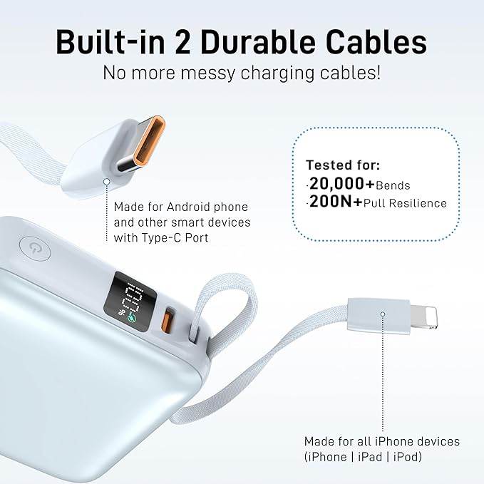 VINKO Portable Charger with Built-in Cable, 10000mAh 22.5W Fast Charging USB C Battery Bank, Cell Phone Power Bank for iPhone 16 15 14 Samsung Galaxy S24 S23 Series Android Tablet (Blue)