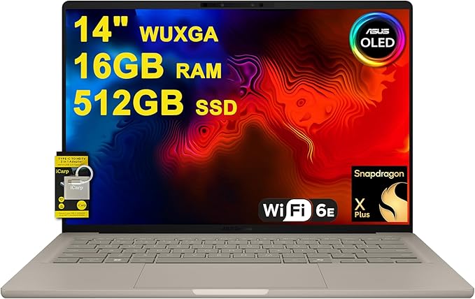ASUS Zenbook A14 Laptop 14" WUXGA OLED (100% DCI-P3, 600nits HDR) Qualcomm 8-core Snapdragon X Plus (Up to 45 Tops) 16GB RAM 512GB SSD for Creator Business Professional Win11 ICP Hub w/Copilot+ AI