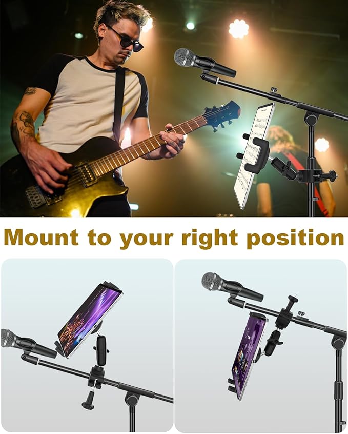 Aluminum Tablet Holder for Microphone Stand/Mic Music Mount Stand [Without Slipping] 360° Rotation Adjustable iPad iPhone Holder Mount for Microphone with Clamp, Fits 4''–13" Tablets & Smartphones