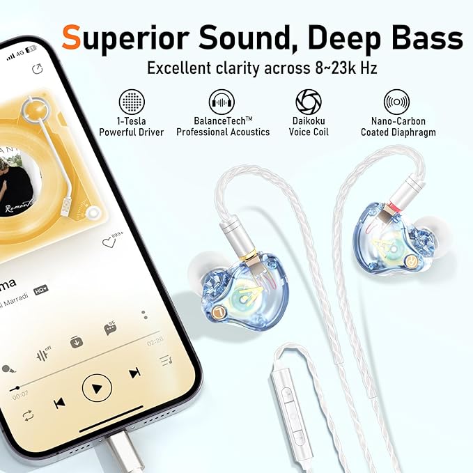 Vibes 202ML Wired Earbuds - HiFi in Ear Headphones for iPhone 5–14, Noise-Isolating Ear Buds w/ Mic - Clear Sound, Deep Bass, Comfort-Fit Earphones - MMCX–Lightning, Silver Plated Cord, Carrying Case