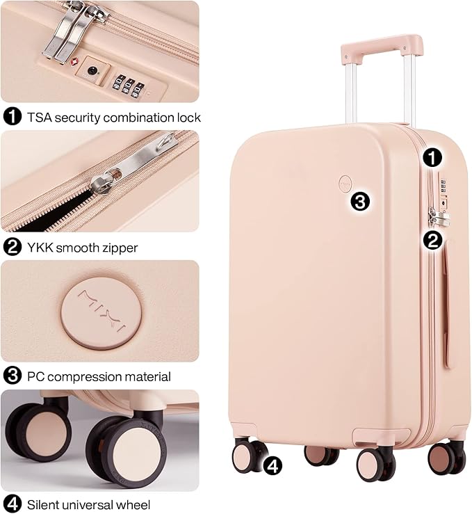 mixi Luggage Suitcase with Spinner Wheels, Hardside Rolling Suitcase PC with Cover & TSA Lock Lightweight Travel Case 24in Checked in, Pink