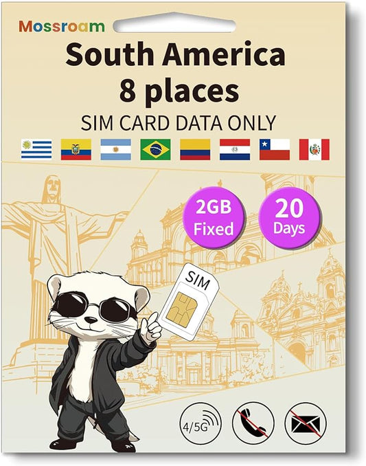 SIM Card for 8 Countries in South America– Prepaid Data Plans | 2GB Daily Data,20 Days | High-Speed Internet | Ideal for Travelers
