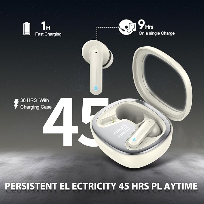 Wireless Earbuds, Bluetooth 5.4 Headphones, HiFi Stereo Bass Ear Buds, in Ear Earbuds with 4 ENC Noise Cancelling Mic, 45H, LED Display, IP7 Waterproof, Earphones for Android/iOS Sports, Off-White