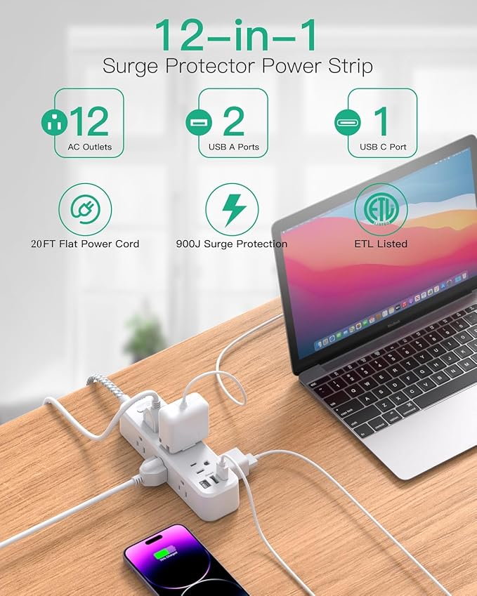 Extension Cord 20 ft, Surge Protector Power Strip, 9 Outlets 3 USB Ports, Extension Cord with Multiple Outlets, USB Power Strip for Home, Office, Dorm Room Essentials, College