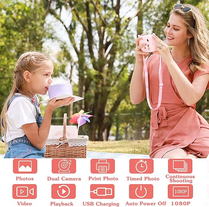 Kids Camera Instant Print Camera with 12 Rolls Refill Print Paper, Christmas Birthday Gifts for Girls Toy Pink Camera Digital Video Selfie Print That Photos Camera with 32GB TF Card