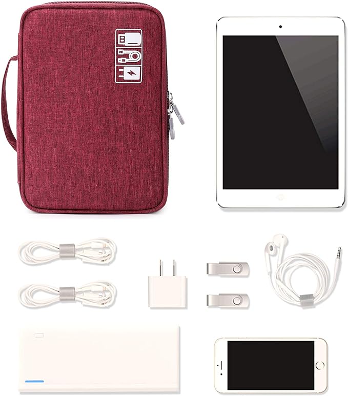 MIRLEWAIY Electronics Cable Organizer, Travel Electronic Accessories Storage Bag Double-Layer for Power Bank, USB, Fresh Drives, Chargers, Cables, Earphone, Red