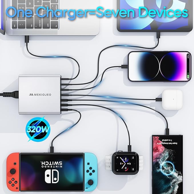 Aluminum Alloy USB C Charger GaN Fast USB C Charging Station 7 Ports 65W Laptop Charger for MacBook Pro/Air/iPad Pro/iPhone (Silver-4C3A)