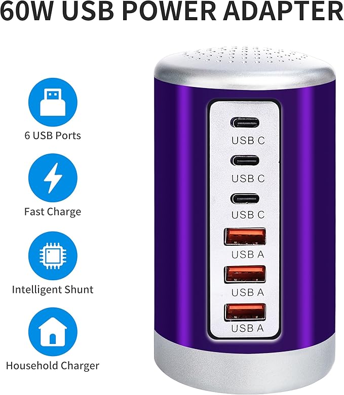 60W USB Charging Station with 6-Port (3 USB-A & 3 USB-C) for iPhone 12/13/14, Tablets & Smartphones - Purple
