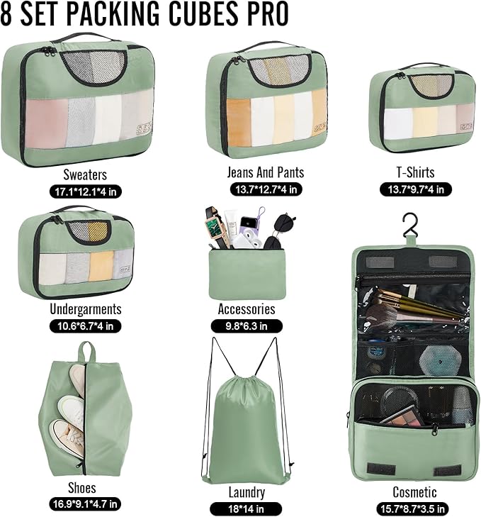 Veken 8 Set Packing Cubes for Travel Essentials, Suitcase Organizer Bags in 4 Sizes, Carry-On Luggage Accessories with Large Laundry & Hanging Toiletry Bag, Must-Have for Airplane, Road Trip & Camping